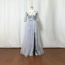 Load image into Gallery viewer, Light Grey Floral Tulle Fairy Prom Dress Long Sleeves with Slit