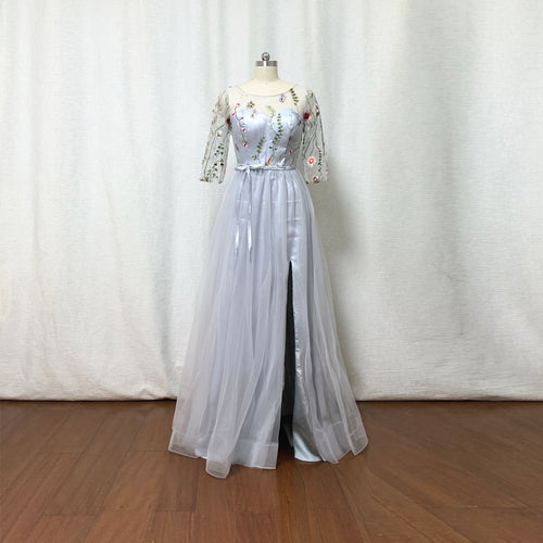 Light Grey Floral Tulle Fairy Prom Dress Long Sleeves with Slit