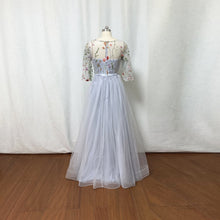 Load image into Gallery viewer, Light Grey Floral Tulle Fairy Prom Dress Long Sleeves with Slit