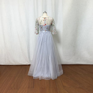 Light Grey Floral Tulle Fairy Prom Dress Long Sleeves with Slit