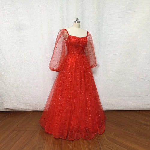 Sparkly Red Tulle Stars Prom Dress Fairy with Long Sleeves