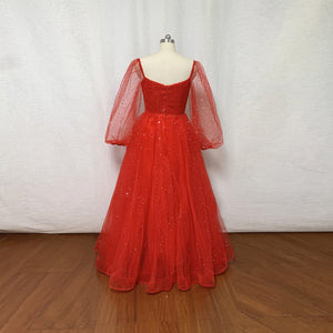 Sparkly Red Tulle Stars Prom Dress Fairy with Long Sleeves