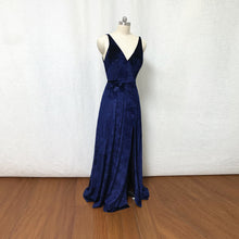 Load image into Gallery viewer, Navy Blue Floral Velvet Prom Dress V-neck V-back Prom Dress with Slit