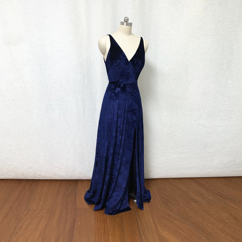 Navy Blue Floral Velvet Prom Dress V-neck V-back Prom Dress with Slit