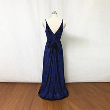 Load image into Gallery viewer, Navy Blue Floral Velvet Prom Dress V-neck V-back Prom Dress with Slit