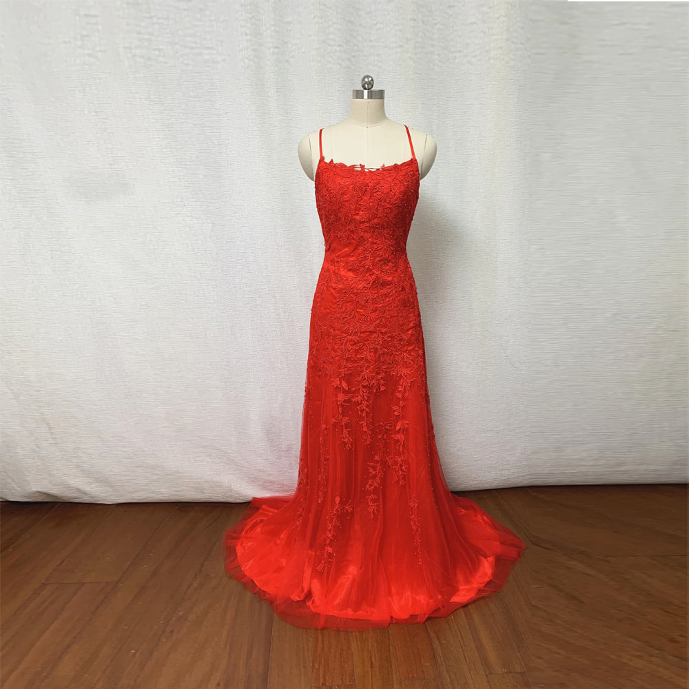 Red Lace Tulle Prom Dress Long Fitted with Corset Back 8 / Custom Color
