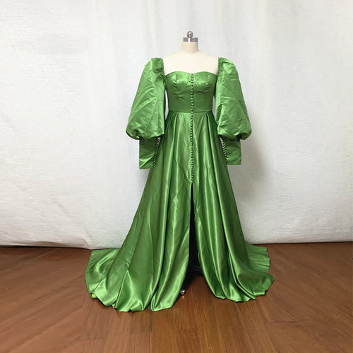 Puff Sleeves Prom Dress Green Satin with Slit