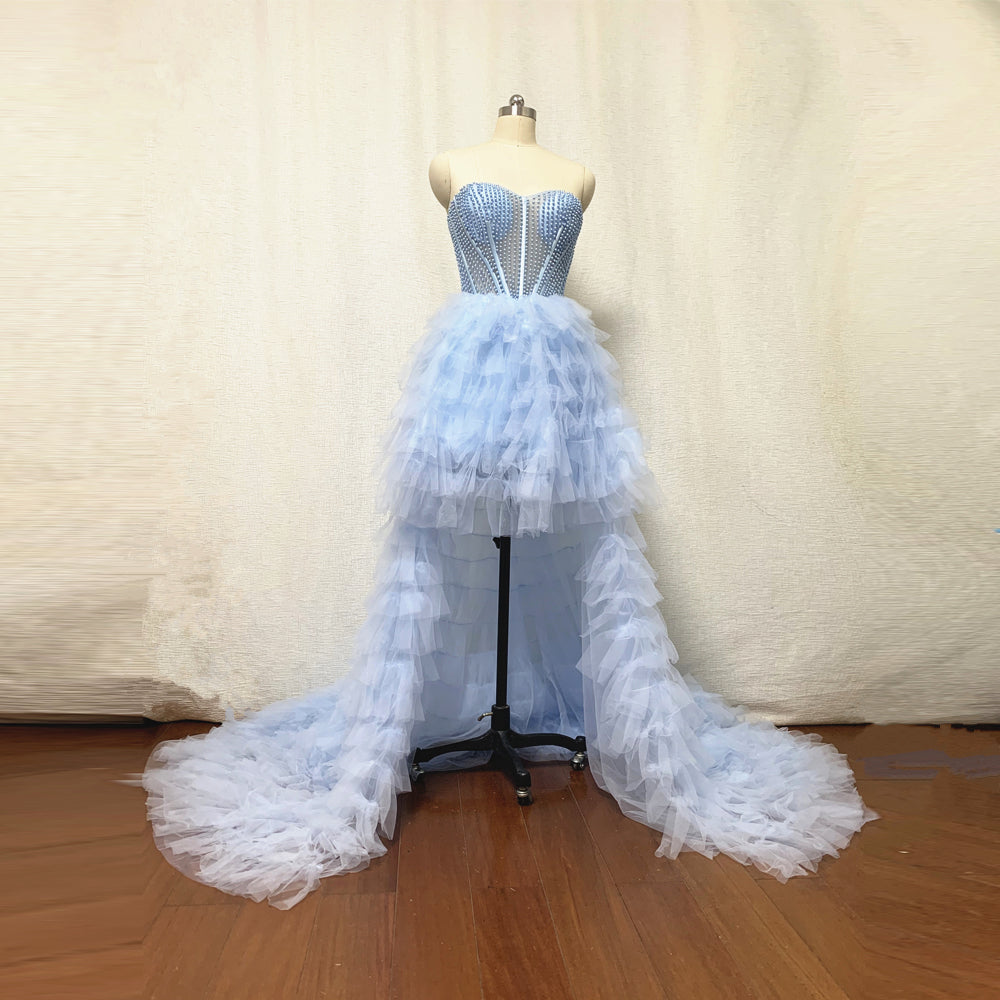 High Low Prom Dress Sky Blue Tulle Tiered Skirt with Pearls Illusion Top