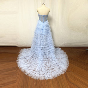 High Low Prom Dress Sky Blue Tulle Tiered Skirt with Pearls Illusion Top