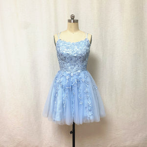 Blue Lace Tulle Homecoming Dress 2023 Corset Back