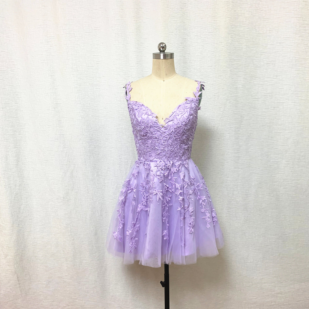 Lilac Purple Lace Tulle Homecoming Dress 2023 Short Spaghetti Straps –  DressCulture