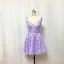 Load image into Gallery viewer, Lilac Purple Lace Tulle Homecoming Dress 2023 Short Spaghetti Straps