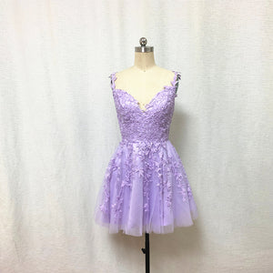 Lilac Purple Lace Tulle Homecoming Dress 2023 Short Spaghetti Straps