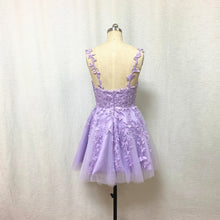 Load image into Gallery viewer, Lilac Purple Lace Tulle Homecoming Dress 2023 Short Spaghetti Straps