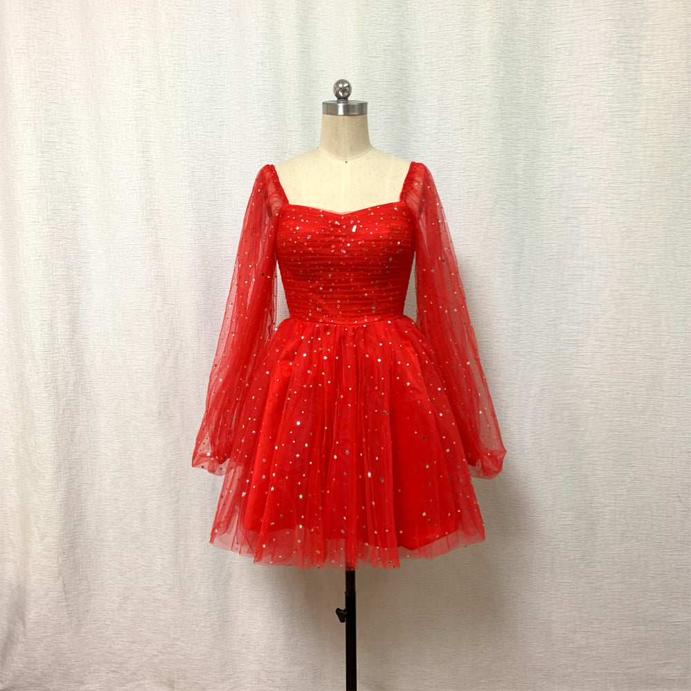 fitted lace wedding dress Sparkly Red Tulle Homecoming Dress 2023 with Long Sleeves – DressCulture