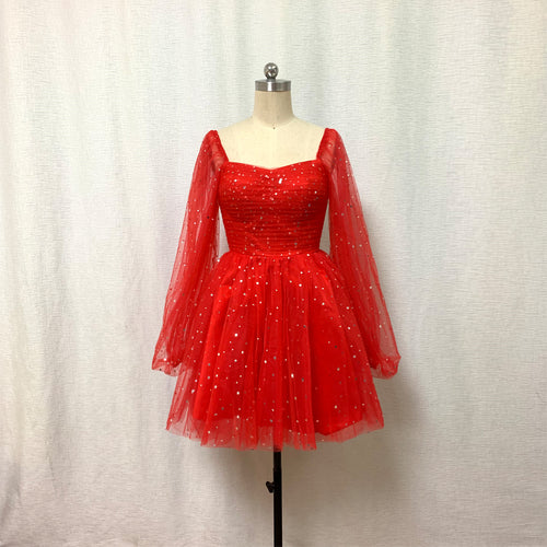 Sparkly Red Tulle Homecoming Dress 2023 with Long Sleeves