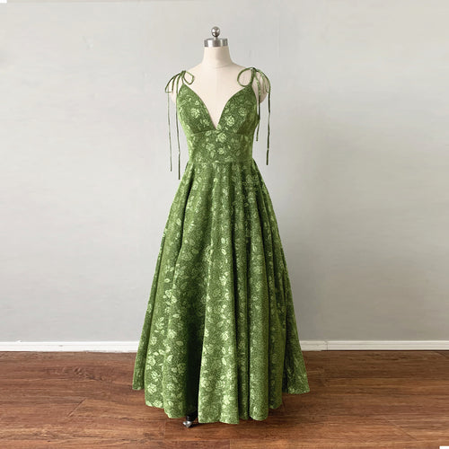 Prom Dress Corset Moss Green Floral Spaghetti Straps