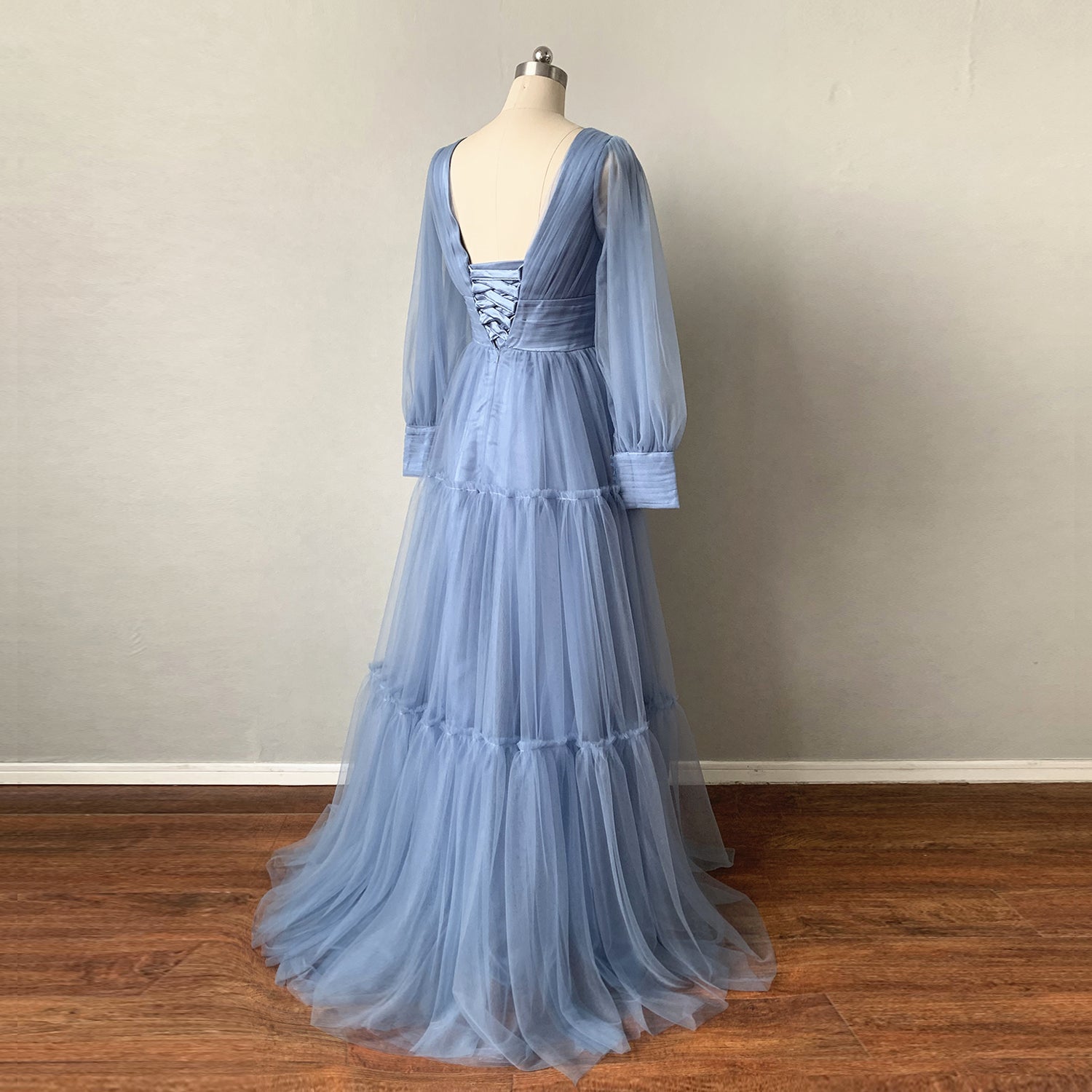 Prom Dress with Sleeves Dusty Blue Tulle Corset Back 2 / Custom Color Prom Dress with Sleeves Dusty Blue Tulle Corset Back 2 / Custom Color