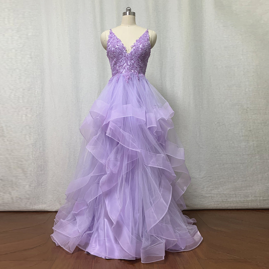 Prom Dress Fairy Lilac Purple Lace Appliques Horsehair Hem