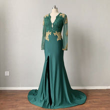 Load image into Gallery viewer, Prom Dress Long Sleeves Green Lace Jersey Backless Front Right Slit