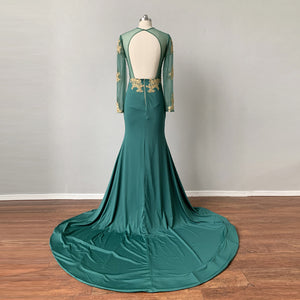 Prom Dress Long Sleeves Green Lace Jersey Backless Front Right Slit