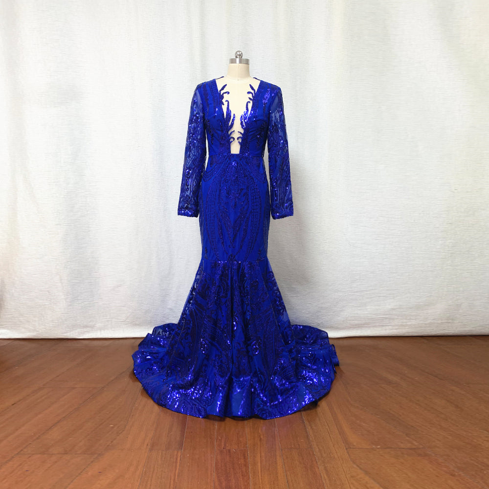 Prom Dress Black Girl Mermaid Royal Blue Pattern Sequin with Long Sleeves