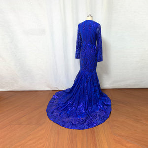 Prom Dress Black Girl Mermaid Royal Blue Pattern Sequin with Long Sleeves