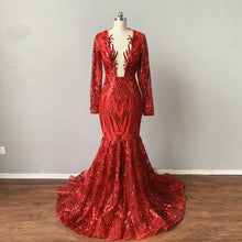 Load image into Gallery viewer, Prom Dress Black Girl Mermaid Red Pattern Sequin with Long Sleeves