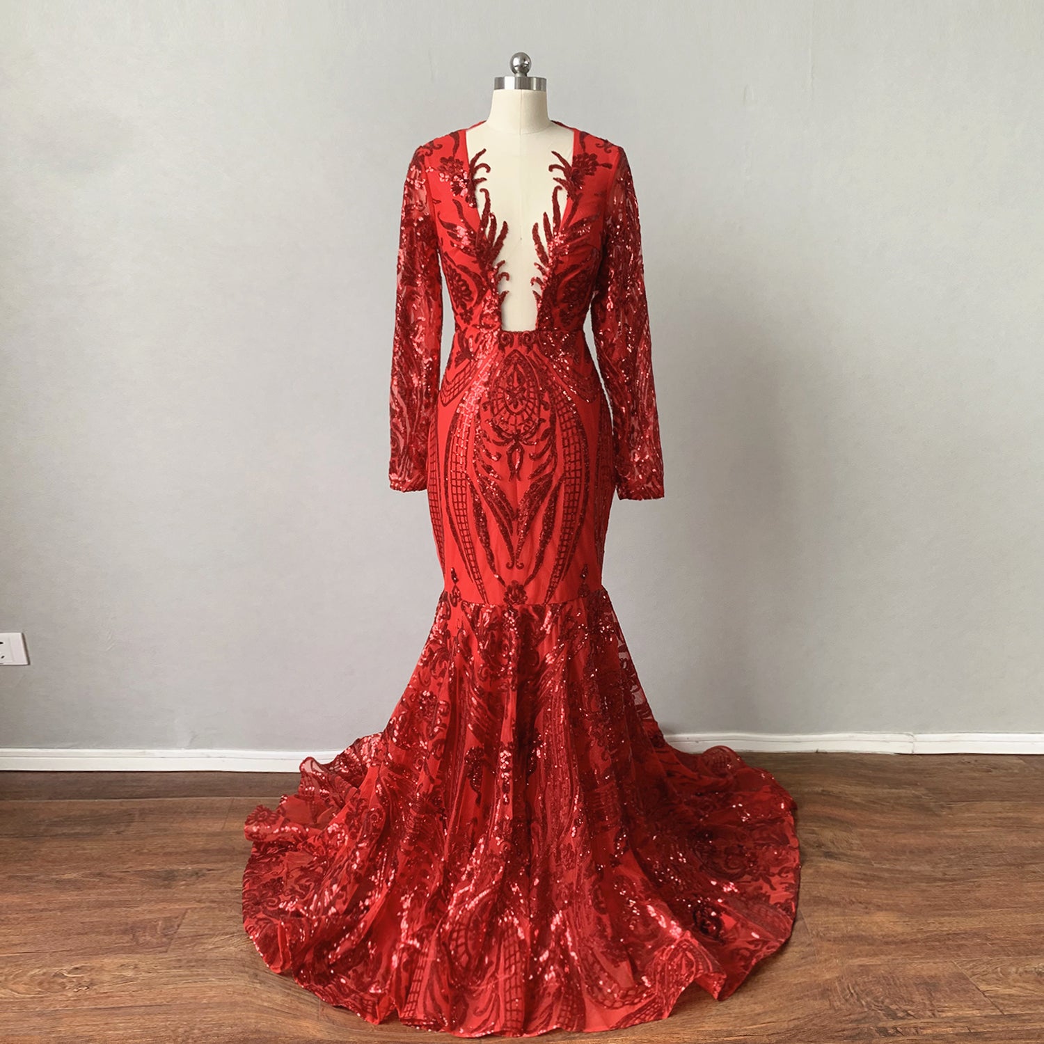Prom Dress Black Girl Mermaid Red Pattern Sequin with Long Sleeves –  DressCulture