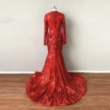 Load image into Gallery viewer, Prom Dress Black Girl Mermaid Red Pattern Sequin with Long Sleeves