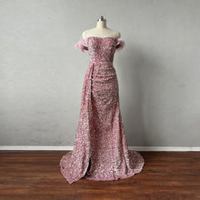 Load image into Gallery viewer, Prom Dress Mermaid with Feathers Dusty Rose Sequin overlay Velvet Corset Back with Drape