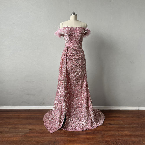 Prom Dress Mermaid with Feathers Dusty Rose Sequin overlay Velvet Corset Back with Drape