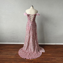 Load image into Gallery viewer, Prom Dress Mermaid with Feathers Dusty Rose Sequin overlay Velvet Corset Back with Drape