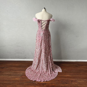 Prom Dress Mermaid with Feathers Dusty Rose Sequin overlay Velvet Corset Back with Drape