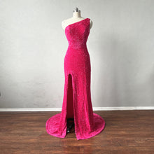 Load image into Gallery viewer, Prom Dress Mermaid Fuchsia Sequin overlay Velvet with Slit