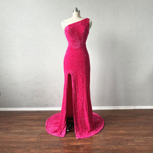 Prom Dress Mermaid Fuchsia Sequin overlay Velvet with Slit