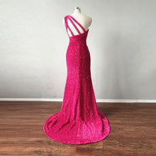 Load image into Gallery viewer, Prom Dress Mermaid Fuchsia Sequin overlay Velvet with Slit