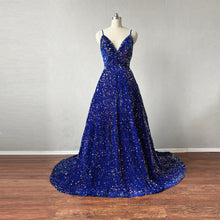 Load image into Gallery viewer, Prom Dress Ball Gown Spaghetti Straps Royal Blue Sequin overlay Velvet