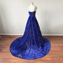 Load image into Gallery viewer, Prom Dress Ball Gown Spaghetti Straps Royal Blue Sequin overlay Velvet