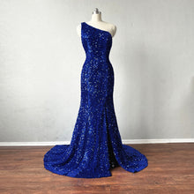 Load image into Gallery viewer, Prom Dress Mermaid Royal Blue Sequin overlay Velvet with Slit