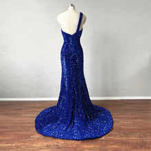 Load image into Gallery viewer, Prom Dress Mermaid Royal Blue Sequin overlay Velvet with Slit