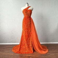 Load image into Gallery viewer, Prom Dress Corset Back Orange Sequin overlay Velvet with Tulle Drape