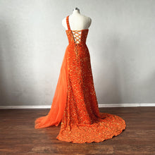 Load image into Gallery viewer, Prom Dress Corset Back Orange Sequin overlay Velvet with Tulle Drape