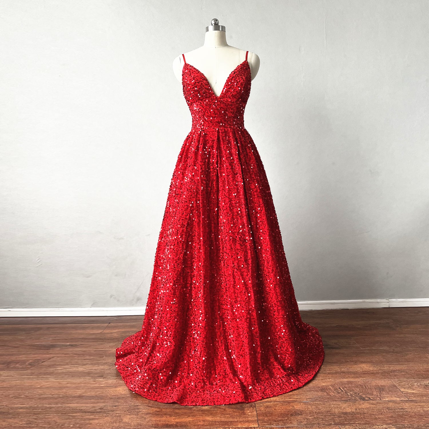 Prom Dress Corset Back Red Sequin Overlay Velvet Spaghetti Straps 2 / Red
