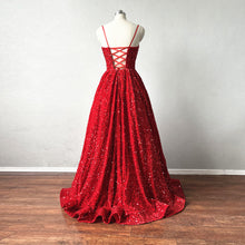 Load image into Gallery viewer, Prom Dress Corset Back Red Sequin overlay Velvet Spaghetti Straps