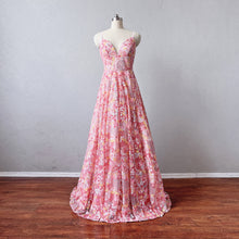 Load image into Gallery viewer, Gorgeous Floral Prom Dress Corset Back Pink Sequin Spaghetti Straps