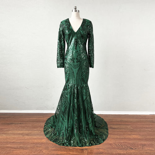 Mermaid Prom Dress with Long Sleeves Emerald Green Sequin Dress