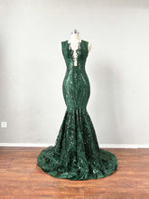 Load image into Gallery viewer, Mermaid Prom Dress with illusion Back Emerald Green Sequin Dress