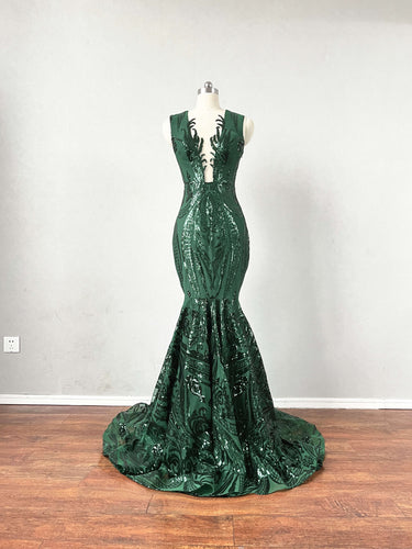 Mermaid Prom Dress with illusion Back Emerald Green Sequin Dress