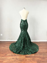 Load image into Gallery viewer, Mermaid Prom Dress with illusion Back Emerald Green Sequin Dress